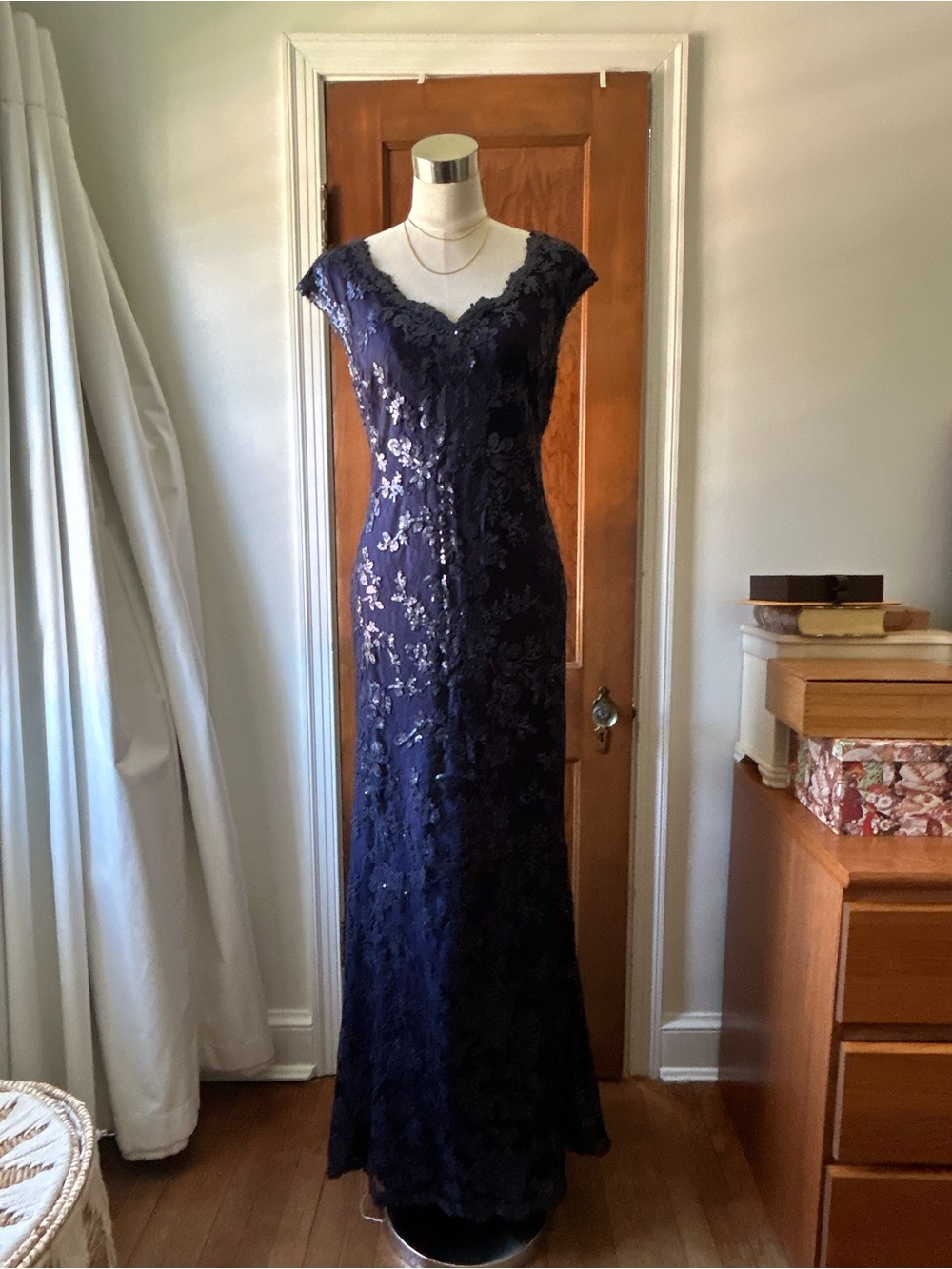 Adrianna Papell Navy Lace V-Neck Cap Sleeve Maxi Dress